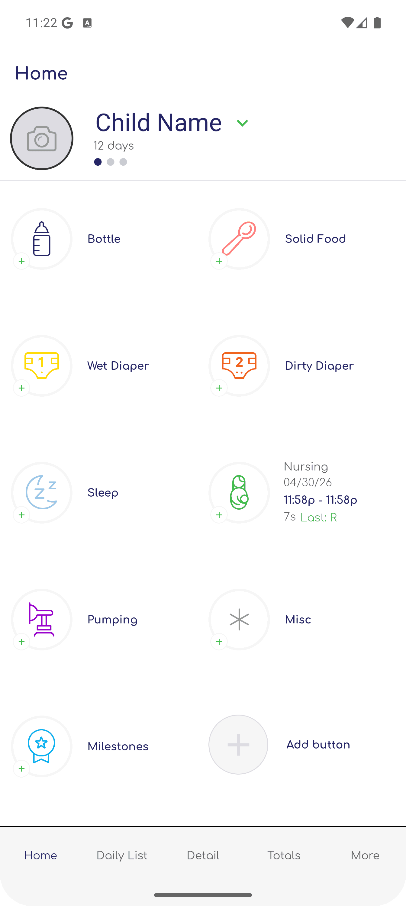 Talli home dashboard with child profile and care logging buttons